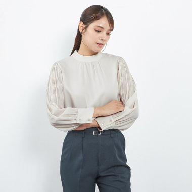 【SL/長袖】ギャザーハイネックプルオーバー/ベージュ/「ウォッシャブル」「ストレッチ」「防シワ」「UV加工」「静電気防止」