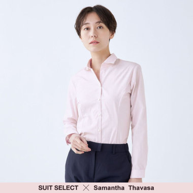 【WEB限定/OUTLET/汚れ・キズ等有】【SUIT SELECT×Samantha Thavasa】【形態安定】リボン&フリル取り外しスキッパー/ピンク×ドビーストライプ