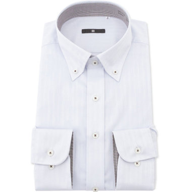 【発送在庫あり】【BL】【形態安定】ボタンダウンドレスワイシャツ/アイスグレー×ドビーストライプ/襟袖裏：ハウンドトゥース別布/釦付糸：ブラウングレー