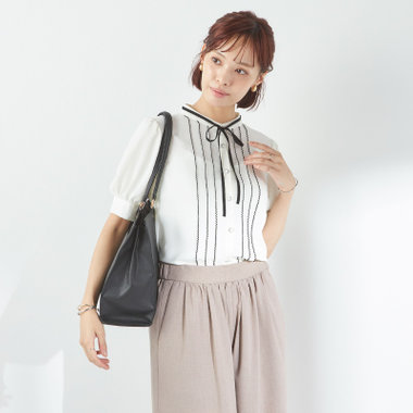 【半袖】リボン付きバンドカラーブラウス/ホワイト