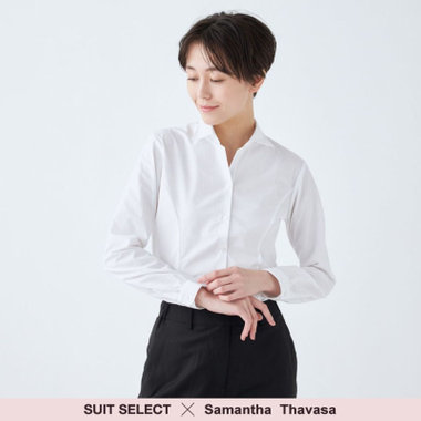 【SUIT SELECT×Samantha Thavasa】【長袖】リボン&フリル取り外しスキッパー/ホワイト×ドビーストライプ