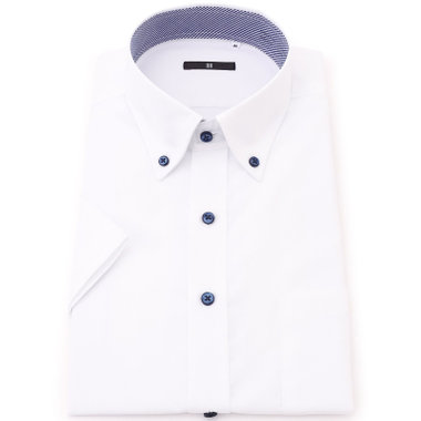 【発送在庫あり】【BLACK LINE/半袖】【形態安定】ボタンダウンドレスワイシャツ/ホワイト×ドビーツイル/釦・釦付糸：ネイビー