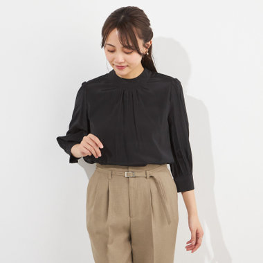 【SILVER LINE/7分袖】ギャザーハイネックプルオーバー/ブラック/「ウォッシャブル」「ストレッチ」「防シワ」「UV加工」「静電気防止」