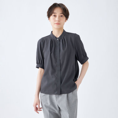 SL/半袖】バンドカラーブラウス/ネイビー/ストレッチ/通気性/吸水・速