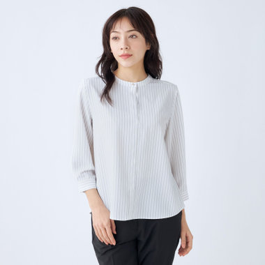 【SILVER LINE/7分袖】バンドカラープルオーバー/ホワイト×グレー/「ウォッシャブル可能」「2WAYストレッチ」「防シワ」「UV加工」「接触冷感」