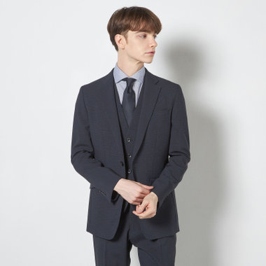 【SLIM TAPERED_2】【春夏】2釦シングルスリーピーススーツ 0タック/ネイビー×チェック/ウエストシャーリング/4S SUSTAINABILITY&ECOLOGY FABRIC/※パンツ裾上げ済仕様
