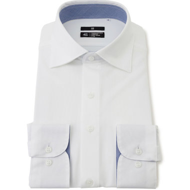 【発送在庫あり】【WEB限定】【BLACK LINE】ワイドカラーワイシャツ/ホワイト×ドビー/襟袖裏別布：ブルー×プレイド/「4S」スーパーノンアイロン・ストレッチ