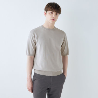 【WEB限定/OUTLET/汚れ・キズ等有】【RBC】【5分袖】コットンブレンドクルーネックニット/グレー/マシンウォッシャブル