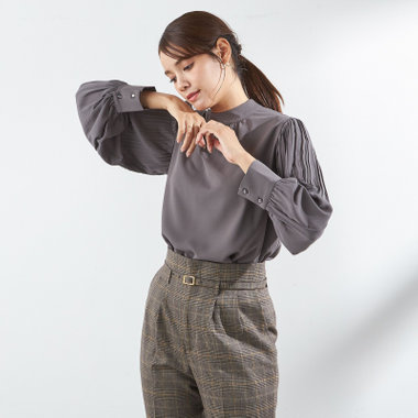 【SL/長袖】ギャザーハイネックプルオーバー/グレー/「ウォッシャブル」「ストレッチ」「防シワ」「UV加工」「静電気防止」