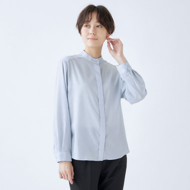 発送在庫あり】【SL/長袖】バンドカラーブラウス/比翼仕様/サックス