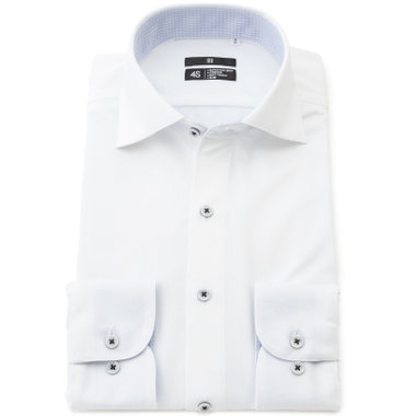 【WEB限定/OUTLET/汚れ・変色・キズ等有】【BL-3】【スーパーノンアイロン】ワイドカラードレスワイシャツ/ホワイト×ドビーストライプ/襟袖裏別布：サックスハウンドトゥース/釦付け糸：ネイビー/SUPER NON IRON 4S