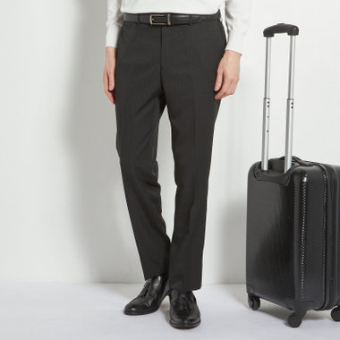 【WEB限定】【発送在庫あり】【SLIM TAPERED】【年間】ウォッシャブル0タックテーパードパンツ/ブラック×シャドーストライプ/ウエストシャーリング仕様/裾上げ済仕様