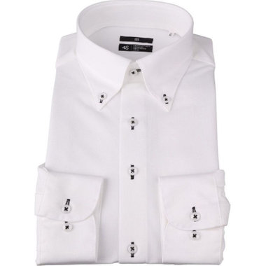 【発送在庫あり】【WEB限定】【BLACK LINE】ボタンダウンワイシャツ/ホワイト×ドビー/釦付糸・釦ホール：ブラック/「4S」スーパーノンアイロン・ストレッチ