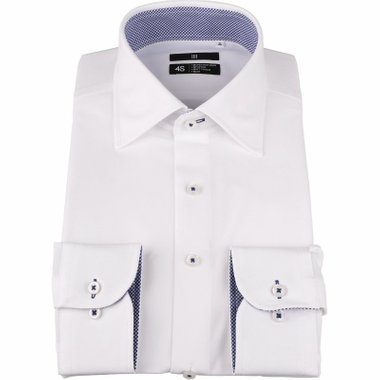 【BLACK LINE】【スーパーノンアイロン】ワイドカラードレスワイシャツ/ホワイト/襟袖裏別布：チェック/釦ホール・釦付糸：ネイビー/SUPER NON IRON 4S