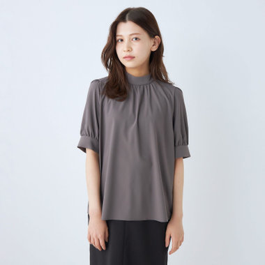 【SILVER LINE/5分袖】パフスリーブスタンドカラープルオーバー/ダークグレー