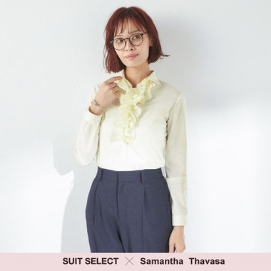 【SUIT SELECT×Samantha Thavasa】【長袖】リボン&フリル取り外しスキッパー/イエロー×ドビーストライプ/形態安定