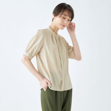 SL/半袖】バンドカラーブラウス/ベージュ/ストレッチ/通気性/吸水・速