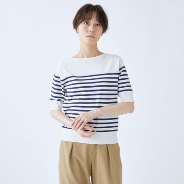 【WEB限定/OUTLET/汚れ・キズ等有】【SL/半袖】ボーダーニット/ホワイト×ネイビー