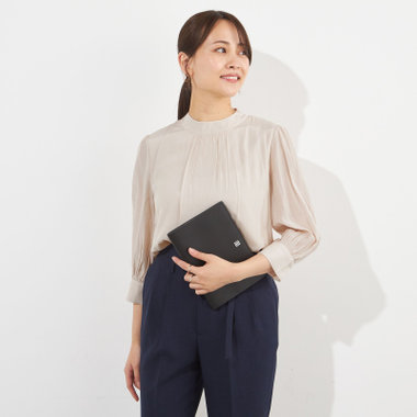 【SILVER LINE/7分袖】ギャザーハイネックプルオーバー/ベージュ/「ウォッシャブル」「ストレッチ」「防シワ」「UV加工」「静電気防止」