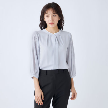 【WEB限定/OUTLET/汚れ・キズ等有】【SL/7分袖】配色切り替えバンドカラープルオーバー/グレー/「ウォッシャブル可能」「2WAYストレッチ」「防シワ」「UV加工」「接触冷感」