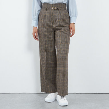 【SILVER LINE】【秋冬】共生地ベルト付きワイドパンツ/ブラウン×チェック/裾上げ済仕様