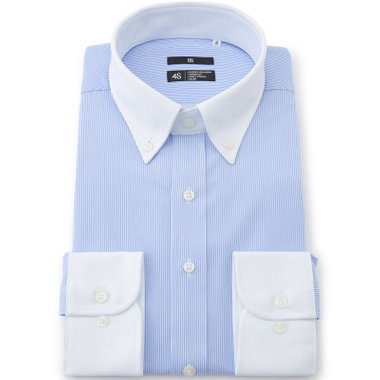 【発送在庫あり】【BLACK LINE】クレリックボタンダウンワイシャツ/襟袖口：ホワイト+ブルー×ホワイトストライプ/「4S」スーパーノンアイロン・ストレッチ