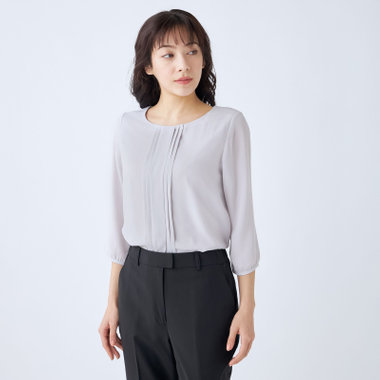 【SILVER LINE/7分袖】フロントプリーツクルーネックプルオーバー/ラベンダー/「ウォッシャブル可能」「防シワ」