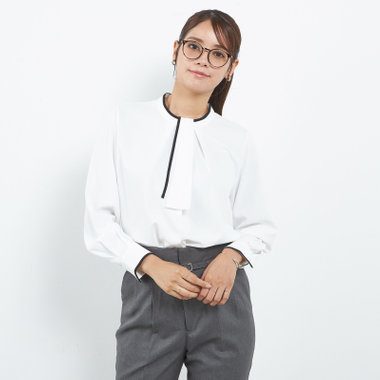 【SL/長袖】ボウタイ取り外し2WAYプルオーバー/ホワイト+ブラック/「ウォッシャブル」「ストレッチ」「防シワ」「UV加工」「静電気防止」