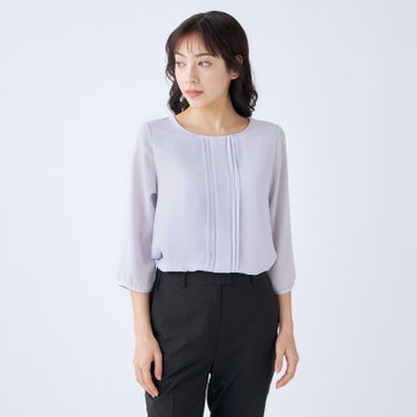 【SILVER LINE/7分袖】フロントプリーツクルーネックプルオーバー/ラベンダー/「ウォッシャブル可能」「防シワ」