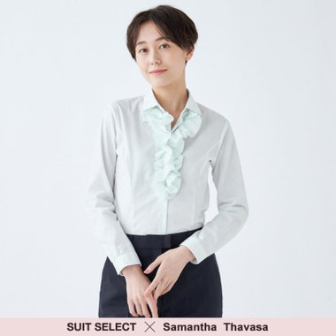 【SUIT SELECT×Samantha Thavasa】【長袖】リボン&フリル取り外しスキッパー/ミント×ドビーストライプ/形態安定