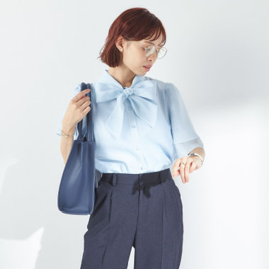 【半袖】リボンブラウス/ブルー