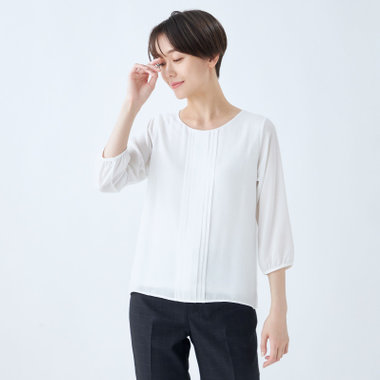 【SILVER LINE/7分袖】フロントプリーツクルーネックプルオーバー/ラベンダー/「ウォッシャブル可能」「防シワ」