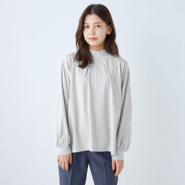  【SL/長袖】モックネック/バルーン袖/グレー/「2WAYストレッチ」「ウォッシャブル可能」「汗じみ軽減」