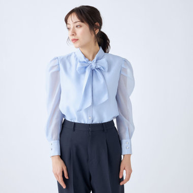  【Lady Like BLOUSE】【長袖】ボウタイブラウス/サックス