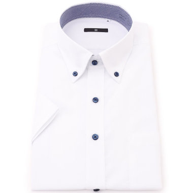 【WEB限定/OUTLET/汚れ・キズ等有】【発送在庫あり】【BLACK LINE/半袖】【形態安定】ボタンダウンドレスワイシャツ/ホワイト×ドビーツイル/釦・釦付糸：ネイビー