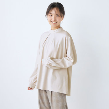  【SL/長袖】モックネック/バルーン袖/ベージュ/「2WAYストレッチ」「ウォッシャブル可能」「汗じみ軽減」