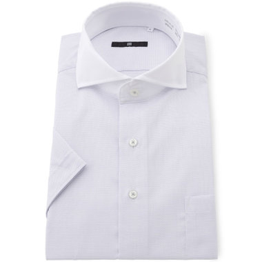 【WEB限定/OUTLET/汚れ・キズ等有】【BLACK LINE/半袖】【形態安定】クレリックホリゾンタルワイドドレスワイシャツ/襟：ホワイト+アイスグレー/釦付糸：アイスグレー