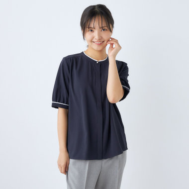 【SILVER LINE/5分袖】配色切り替えバンドカラープルオーバー/ネイビー