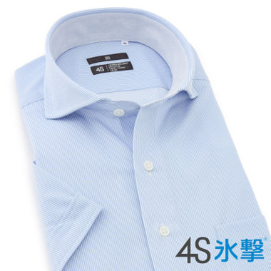 【BLACK LINE/半袖】ホリゾンタルワイドワイシャツ/ブルー×ホワイトストライプ/襟裏別布/「氷撃」冷感PRINT「4S」スーパーノンアイロン・ストレッチ