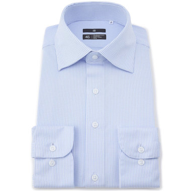 【発送在庫あり】【WEB限定】【BLACK LINE】ワイドカラーワイシャツ/ブルー×ハウンドトゥース/「4S」スーパーノンアイロン・ストレッチ