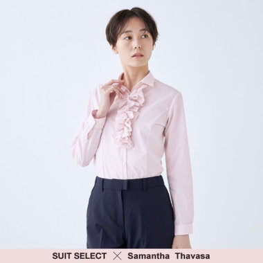 【SUIT SELECT×Samantha Thavasa】【長袖】リボン&フリル取り外しスキッパー/ピンク×ドビーストライプ