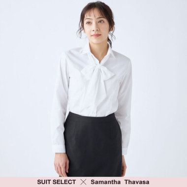 【SUIT SELECT×Samantha Thavasa】【長袖】リボン&フリル取り外しスキッパー/ホワイト×ドビーストライプ