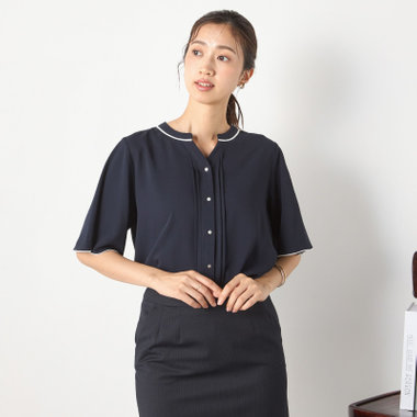【SILVER LINE/5分袖】配色スキッパー前開き メタルボタン/ネイビー/「ウォッシャブル」「ストレッチ」「防シワ」「UV加工」「接触冷感」