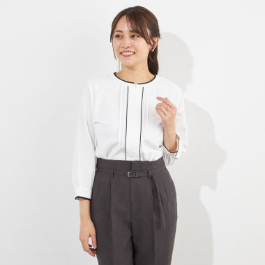 【SILVER LINE/7分袖】配色フロントプリーツプルオーバー/ホワイト×ブラック/「ウォッシャブル」「ストレッチ」「防シワ」「UV加工」「静電気防止」