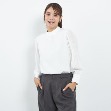 【SL/長袖】ギャザーハイネックプルオーバー/ホワイト/「ウォッシャブル」「ストレッチ」「防シワ」「UV加工」「静電気防止」