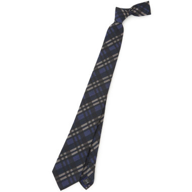 【発送在庫あり】【BL】シルクウールチェックネクタイ 7.5cm幅/ネイビー×ブラウン/ITALIAN FABRICS
