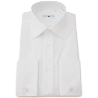 【SILVER LINE】【形態安定】ワイドカラードレスワイシャツ/ホワイト×ドビーツイル+ダブルカフス(ゴムカフス付)