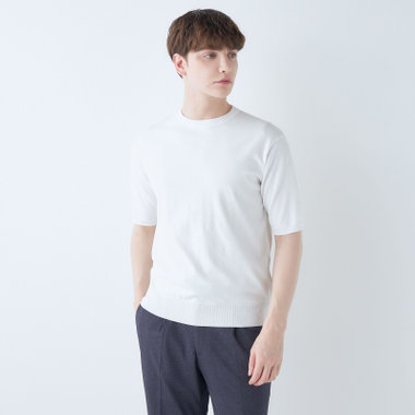 OPHRYS(オフィリス)クルーネックニット(サイズ42)(ラベンダー×オフホワイト) RBC】【5分袖】コットンブレンドクルーネックニット/ホワイト