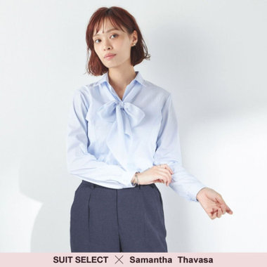 【SUIT SELECT×Samantha Thavasa】【長袖】リボン&フリル取り外しスキッパー/ブルー×ドビーストライプ/形態安定