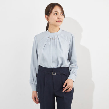 【SL/長袖】アクセ付きブラウス/ブルー